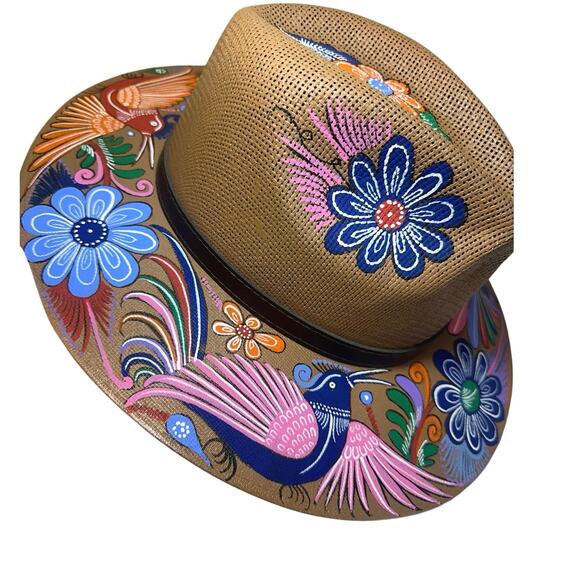 BOHO Hand Painted Artesian Mexican Straw Fedora Hat Floral Birds Artsy SZ Large - Picture 1 of 16